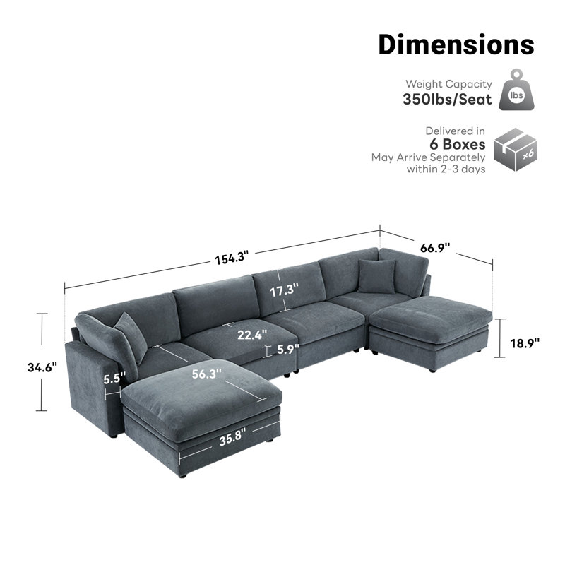 Oversized Down-Filled Modular Sofa With Ottomans, Gray Chenille