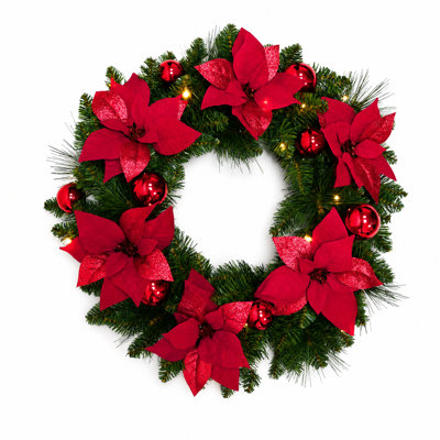 Couronne de Noël artificielle de 61 cm (24 pouces) préilluminée avec 20 lumières DEL, poinsettias rouges et boules décoratives, pour porte d'entrée.