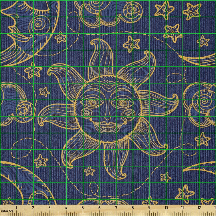 Ambesonne Sun Fabric by The Yard, Doodle Style Star Motif with Stripes and Curved Lines Vintage Hand Drawn Sky,Square East Urban Home