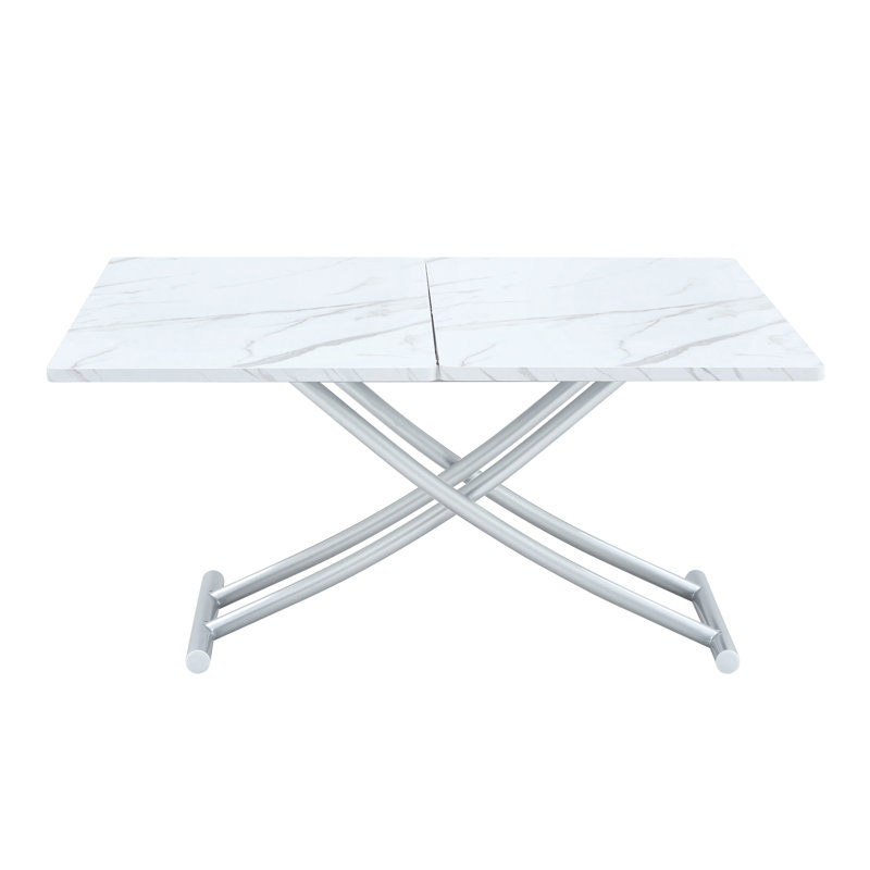 Table élévatrice multifonctionnelle moderne avec plateau en panneau de fibres à densité moyenne de 0,8 po d'épaisseur et pieds en métal argenté, pouvant être utilisée comme coiffeuse, table basse, table de salle à manger et table de bureau.