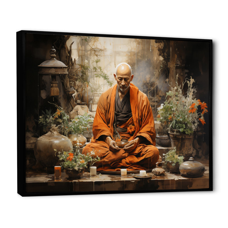 «China Monks Meditation» sur impression sur toile, H 16 po x l 32 po x P 1 po, Cadre flottant noir
