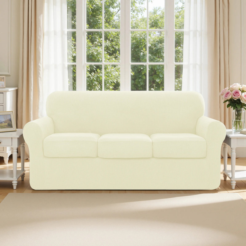 Housse de canapé en jacquard extensible 4 pièces, housse pour canapé pour 3 coussins, protecteur de meuble lavable à la machine (canapé, ivoire)