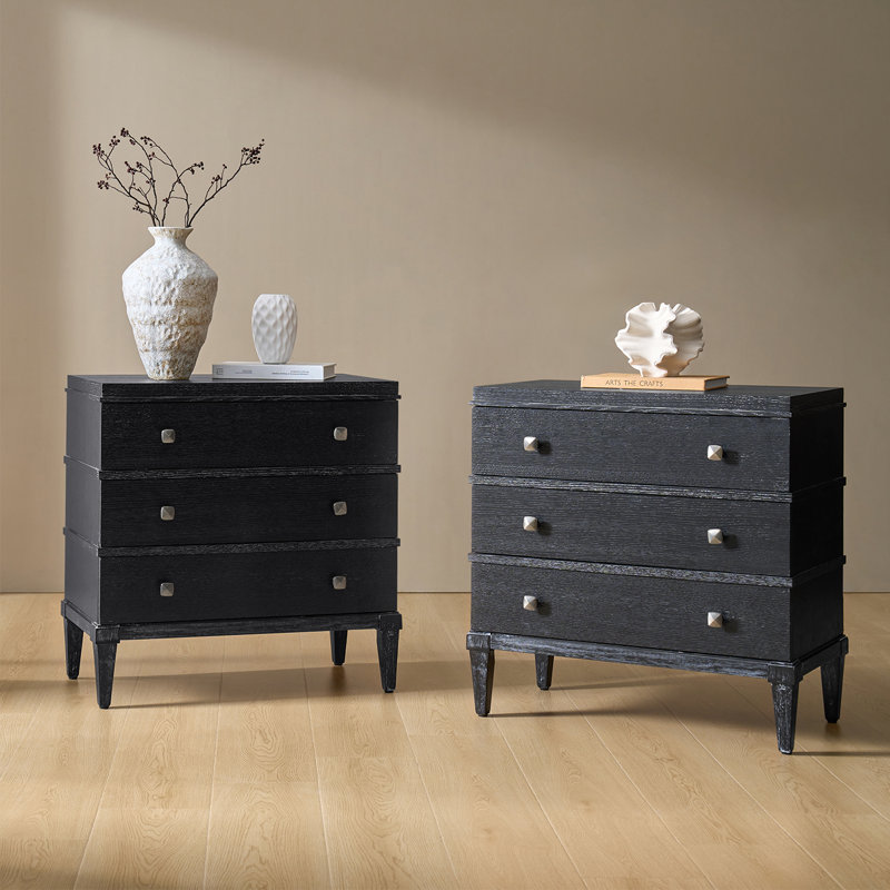 Taesan Transitional  27'' W 3-Drawer End Table with Charging Station and Solid Wood Legs, Black