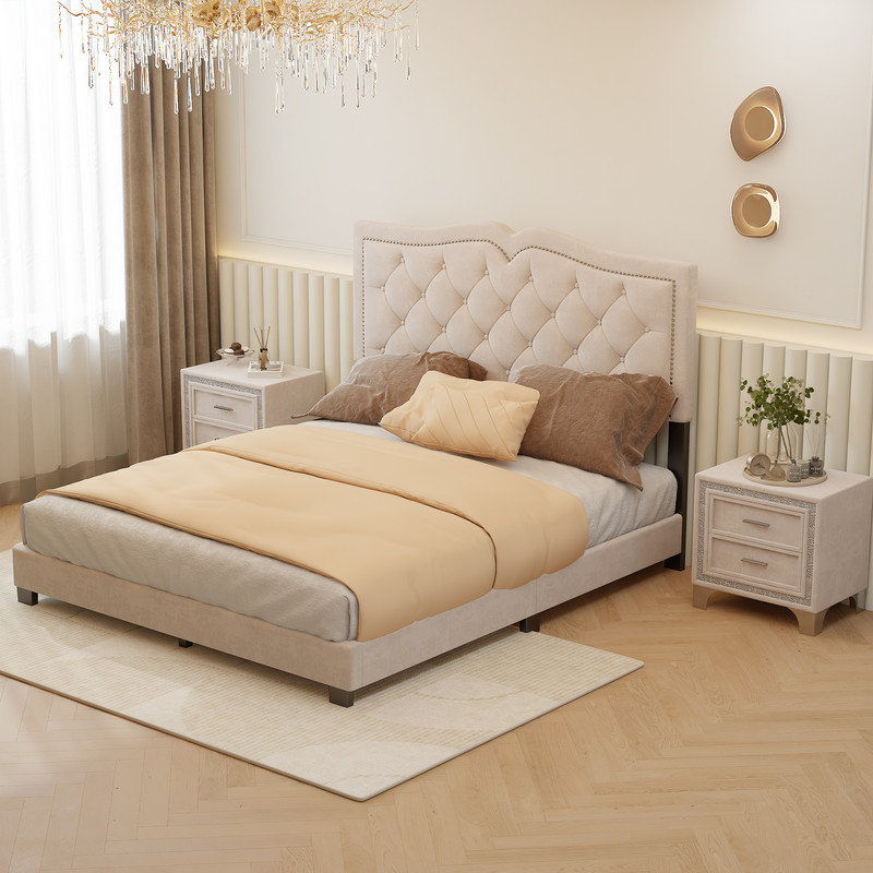 Lit plateforme tapissier Jitreo, Grand, Beige