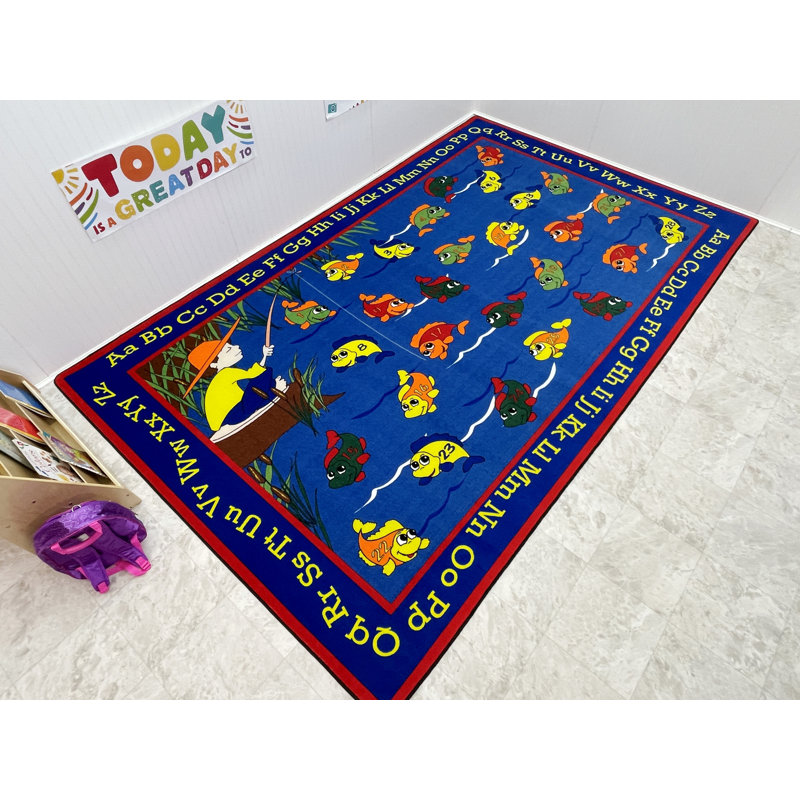KidCarpet.com Lazy River Fishing Classroom Rug, 6'x8'6" Rectangle - Class 1 Fire Rated, Oeko-Tex certified commercial-grade nylon bordered classroom rug - strong, durable edging