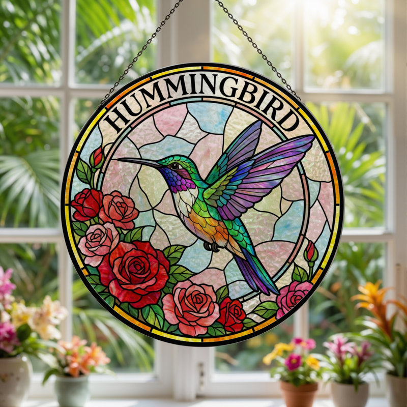 Vitrail de vitrail Hummingbird Roses 7,8 po, H 7,8 po x l 7,8 po