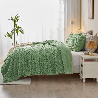 Fluffy Faux Fur Comforter Set, Plush Fuzzy Minky Bedding Set, 3 Pieces Warm Grid Colour Soft Comforter Bedding Set