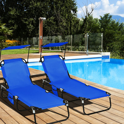 Chaises de piscine bleues pliables - Dossier inclinable avec parasol pour la cour