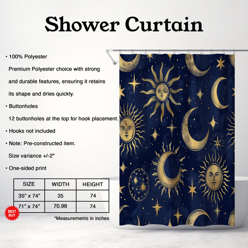 Celestial Designs - Rideau de douche standard 1 pièce, H 74 po x l 71 po