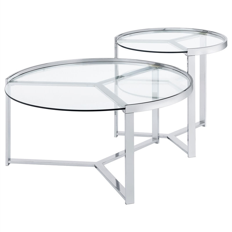 Table basse gigogne ronde en métal chromé, 2 pièces, plateau en verre