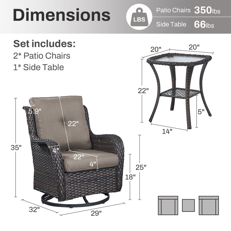 Ensemble de fauteuil oscillant et table d'appoint en osier Wendye avec coussins en oléfine résistants à l'eau, Gris, Brun