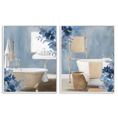 Ensemble de giclée encadrée 2 pièces Bathroom Blues Floral Interior, design par Kim Allen