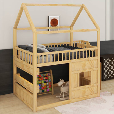 Full Size Wooden House Bed With Built-In LED Shelf Light, Wood Loft Bed With Ladder & Guardrails, Playhouse Bed