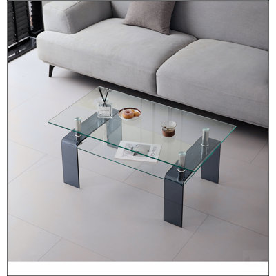 Table basse en verre trempé, table basse moderne en verre pour le salon, table basse à 2 niveaux avec pieds de fumée