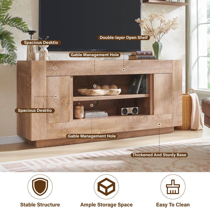 70" Media Console With Distinctive Style & Large Storage, Light Knotty