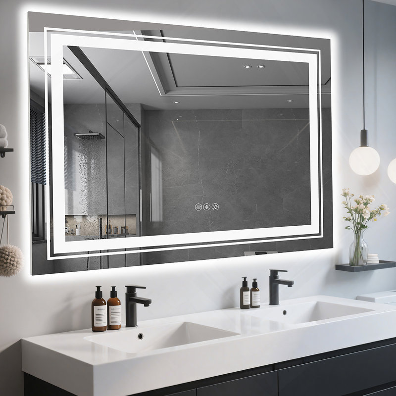 Miroir de salle de bain 48 po x 36 po à DEL sans cadre, miroir intelligent, 36 po x 48 po, Black Framed