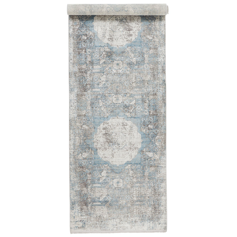 Tapis de couloir turc 3 x 3 argent et bleu