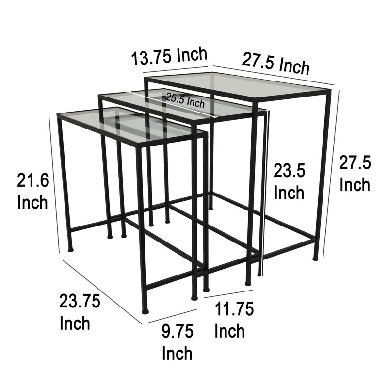 Pix Nesting Plant Stand Table Set Of 3, Black Metal, Rectangular Glass