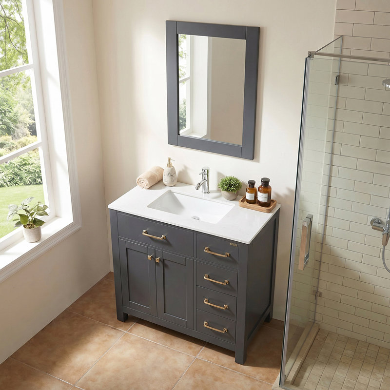 Undermount Ceramic Shaker 36" Single Bathroom Vanity Set with Mirror, Gray