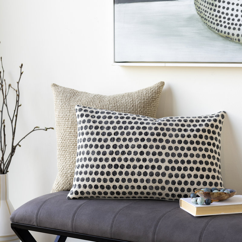 Zetta Polka Dots Cotton Reversible Throw Pillow, Light Beige/Black, Polyester/Polyfill