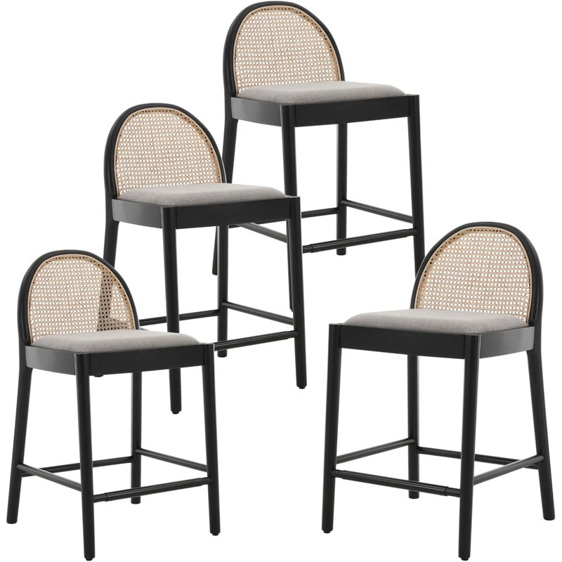 Modern Bar Stools Upholstered Counter Stools With Rattan Backrests And Wood Legs Kitchen Stools For Island Set of 4