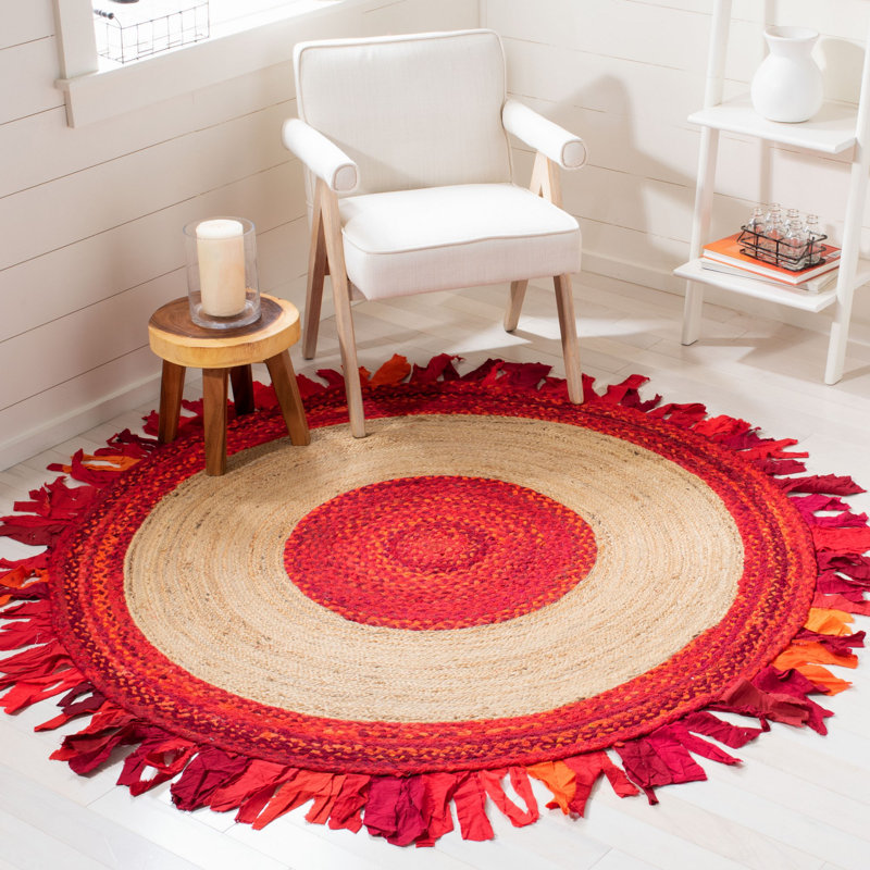 Torrance Hand Woven Cotton/Jute Rug in Red/Natural, Round 5'