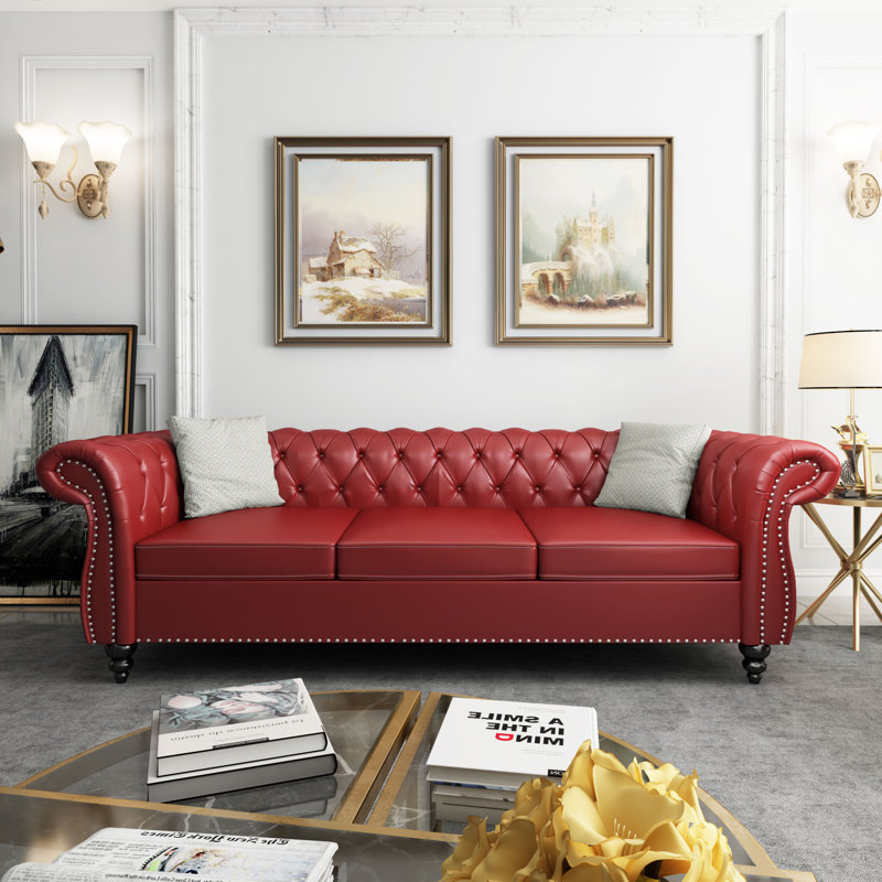 Canapé Chesterfield 3 places Elaiza, H 29 po x l 84 po x P 32,5 po, Vin rouge, Noir