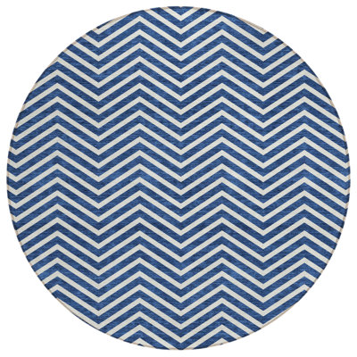 8' Blue And Ivory Round Chevron Washable Indoor Outdoor Area Rug