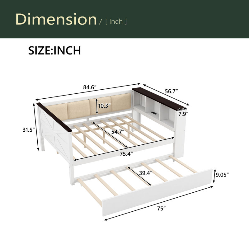 Wood Daybed With Storage Shelves, Upholstered Backrest,USB And Trundle, Full/Double