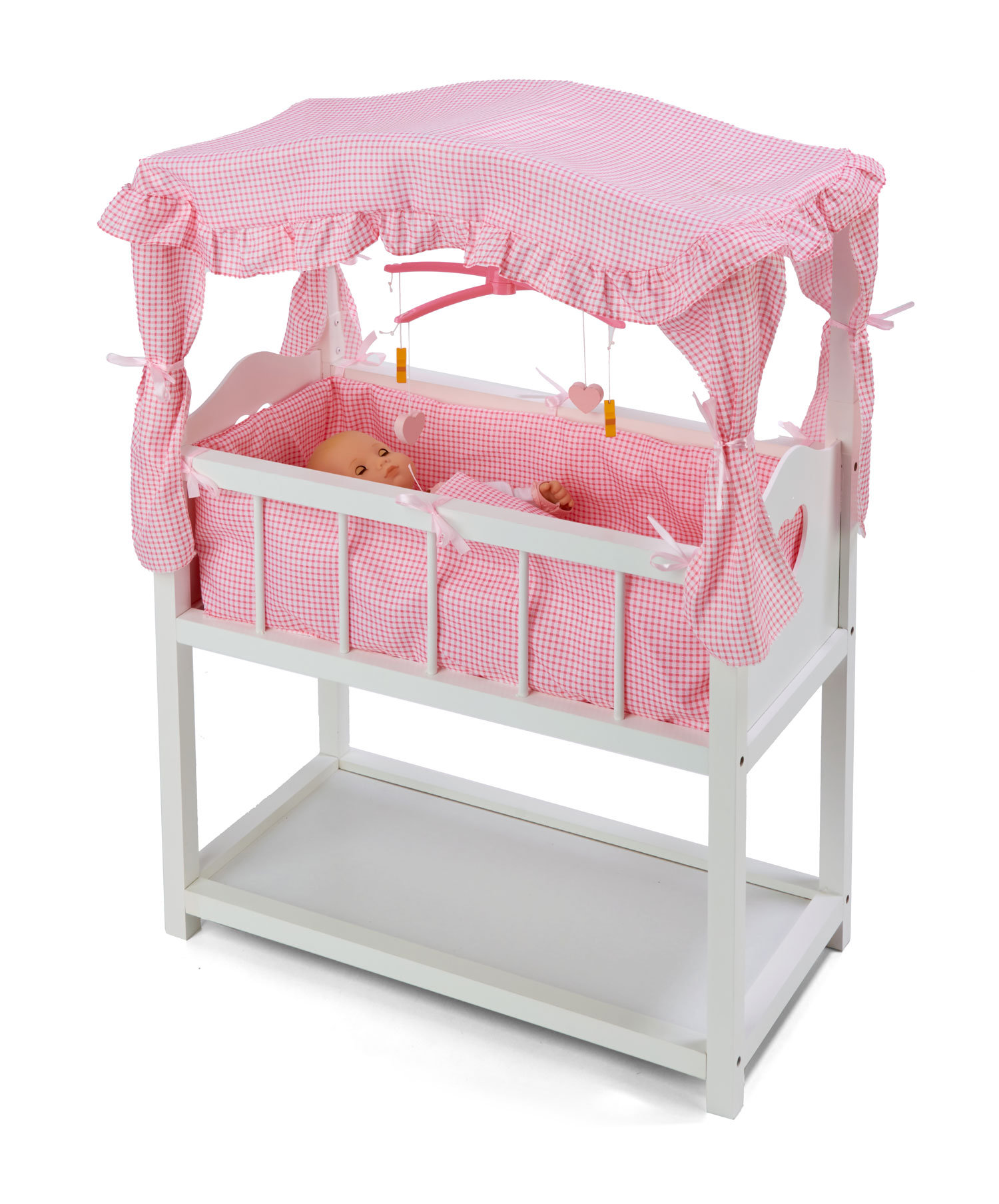 Badger Basket White Doll Crib with Cabinet Bedding and Mobile