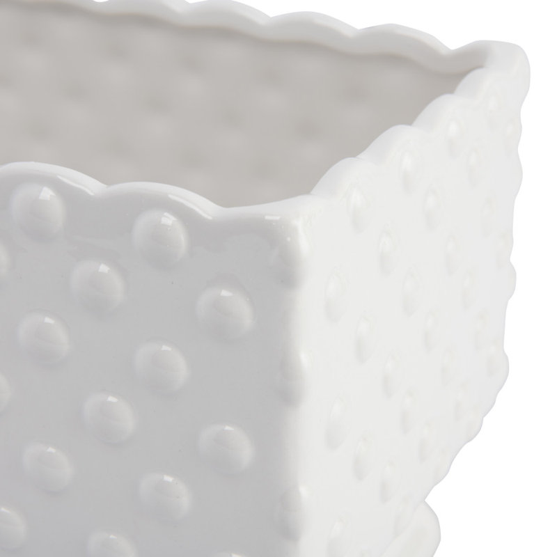 White Ceramic Hobnail Rectangle Planter with Scalloped Edge