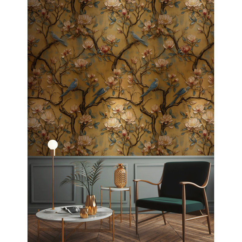 Papier peint floral avec oiseaux Magnolia