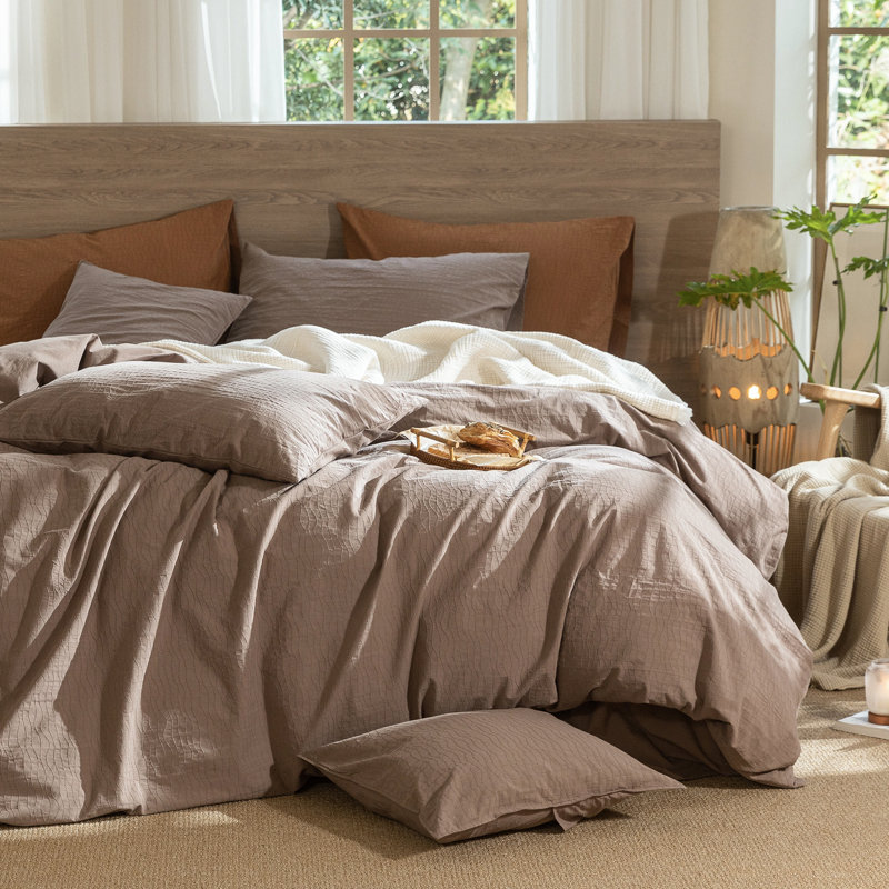 MooMee Wavy Striped Duvet Cover Set with Zipper Closure & 8 Corner Ties 100% Washed Cotton Linen Like Textured Breathable Lightweight