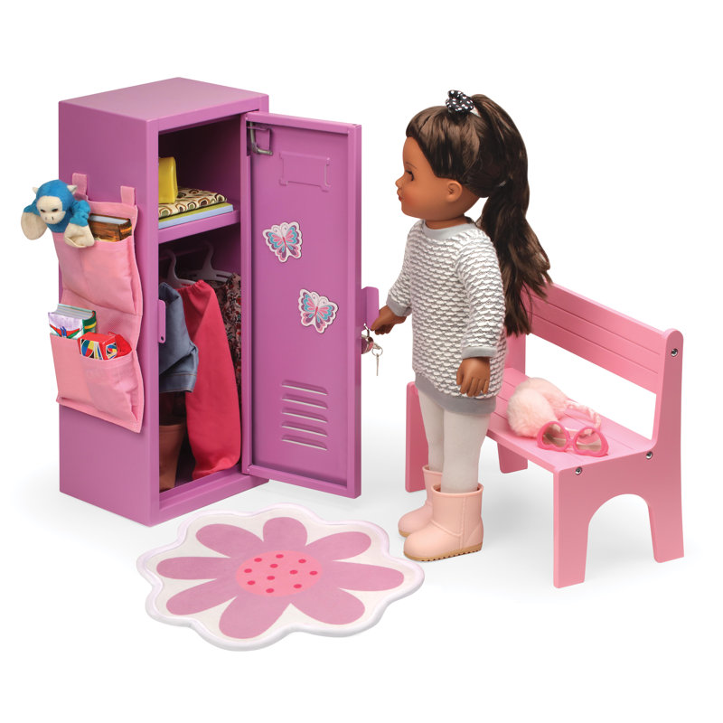 School Style Single Doll Locker Set with Bench, Rug and Accessories