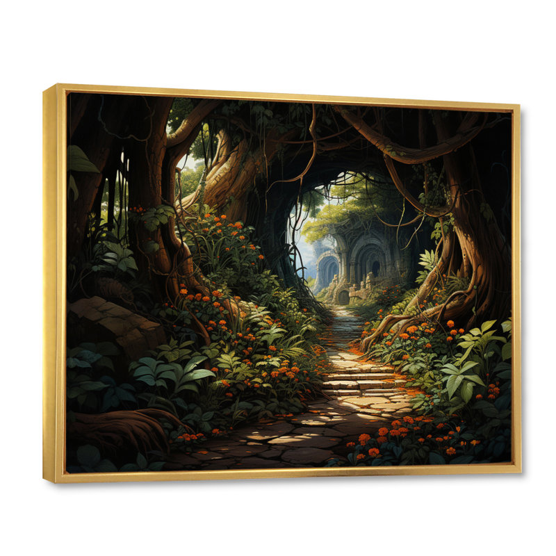 Green Tunnel Enchanted Forest Earthy II, reproduction d'art sur toile, Cadre flottant doré, H 16 po x l 32 po x P 1 po