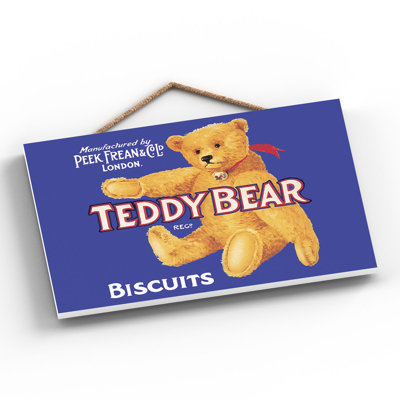 Teddy Bear Biscuits Vintage Retro Poster Design On Wooden Plaque