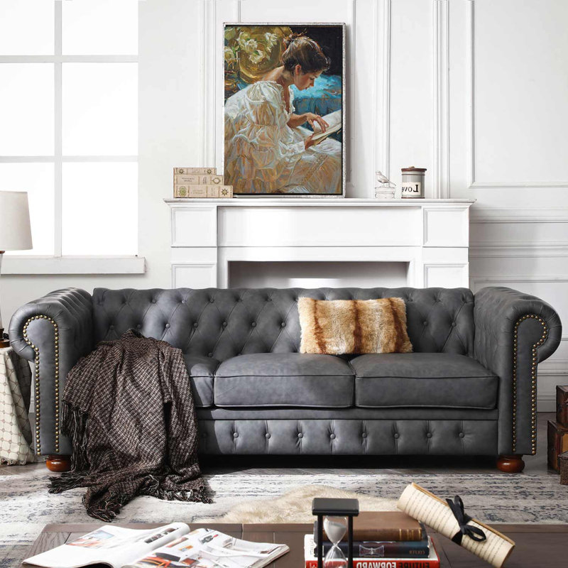 88.5'' Faux Leather Sofa, Dark Gray Faux Leather