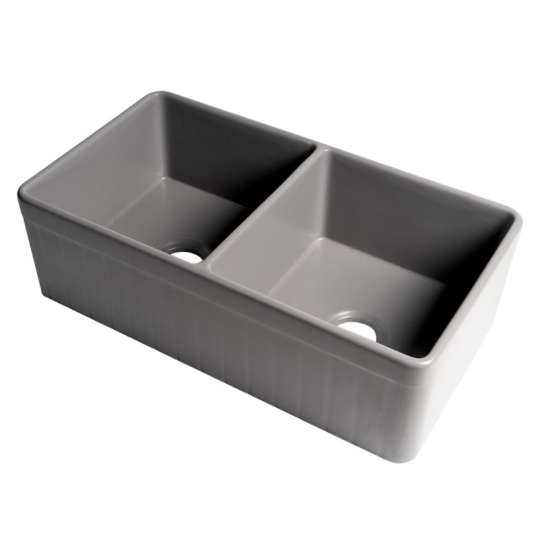 33'' L Double Bowl Fireclay Kitchen Sink, Matte Gray