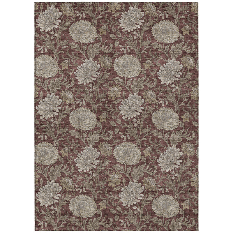 3' X 5' Merlot Taupe And Beige Floral Washable Indoor Outdoor Area Rug