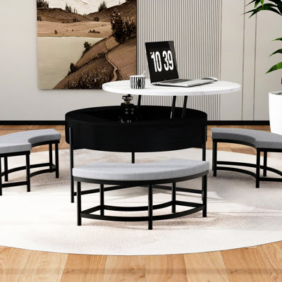 Table basse ronde avec fonction de dessus relevable, compartiment de rangement et 3 repose-pieds, matériau, esthétique moderne blanc noir, base avec pieds, option d'utilisation de l'espace