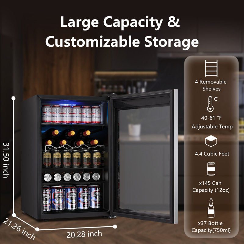 20.28"W 4.4 Cu.ft Mini Fridge Beverage Refrigerator, 37 Bottle/145 Can Capacity, Touch Button, 32°F-61°F, Low Noise <38dB, LED Light, Removable Shelves