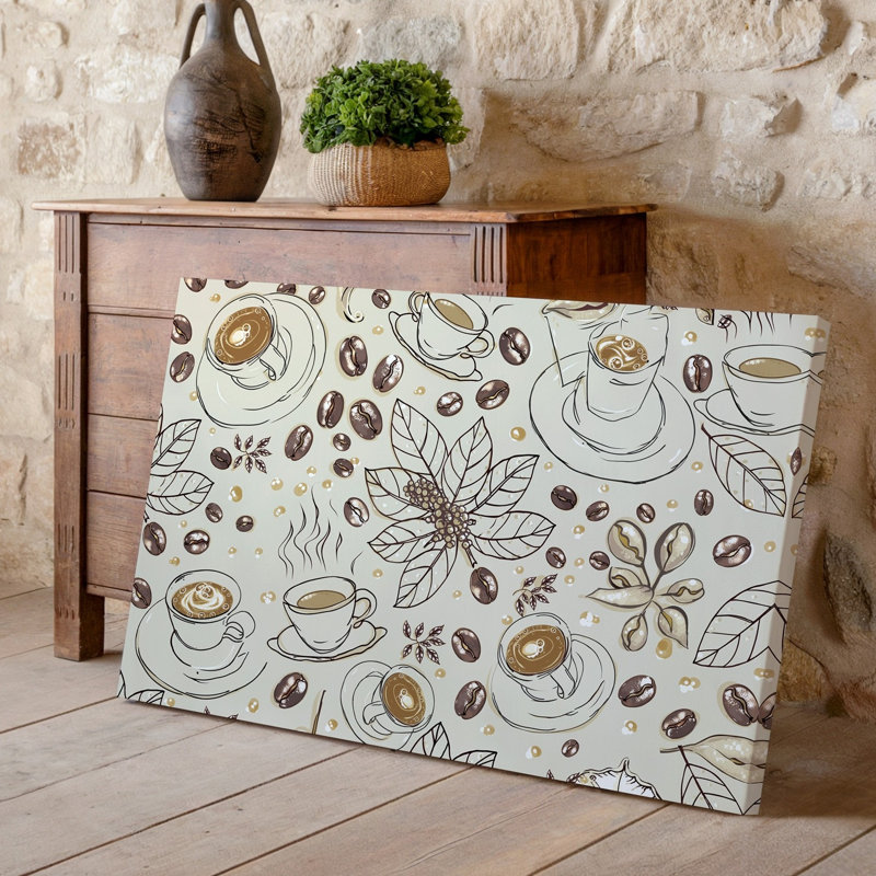 Toile un motif sans couture mettant en vedette un thème de café fantaisiste dominé par un art mural sur fond beige crème doux