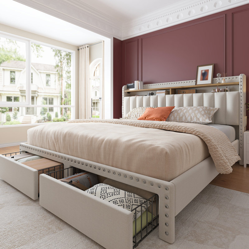 Structure de lit rembourrée avec 2 tiroirs et tête de lit à 2 niveaux avec poches latérales Francille, Beige, Grand lit