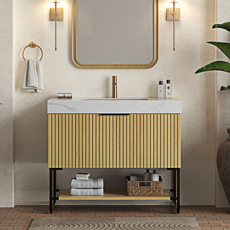 Meuble-lavabo autoportant avec lavabo, Blanc de Carrare, 36"