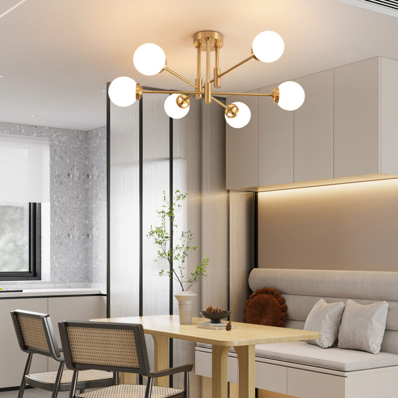 Tameya Sputnik Modern Linear Chandelier With Milky White Glass Shade, Gold