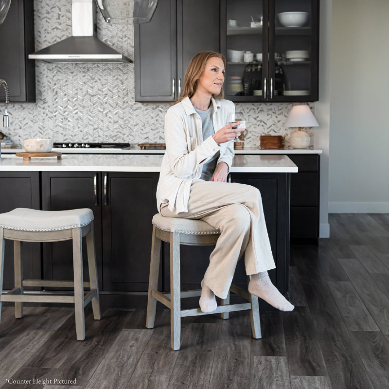 Maven Lane Sophia Wooden Backless Stool with Fabric Upholstery, Bar Stool (30.70" Seat Height), Aged Gray