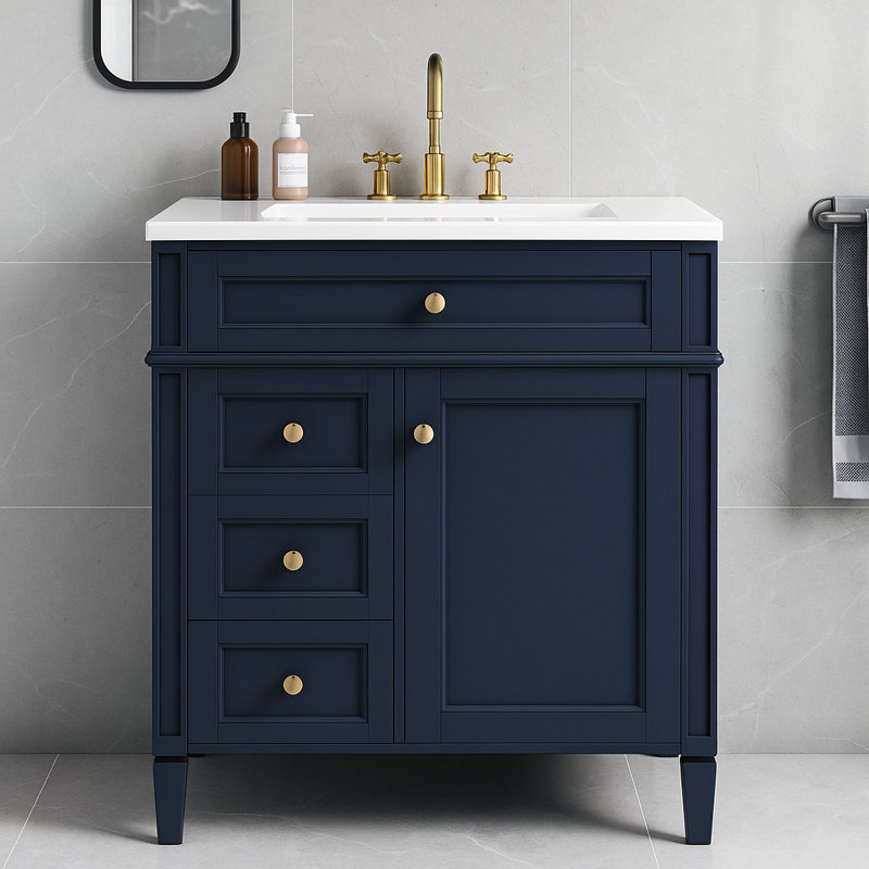 30" Bathroom Vanity with Single Sink Top, 2 Drawers & Tip-Out Drawer, Navy