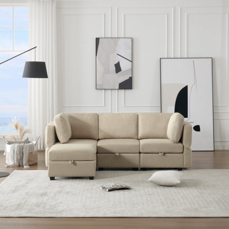 Canapé modulaire en L Kiniah avec sièges de rangement, accoudoirs et dossier réglables, Polyester beige