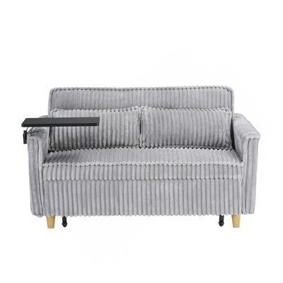 Le canapé coulissant en velours côtelé gris avec fonctions doubles, équipé d'un plateau de table mobile et d'un port USB, peut être utilisé dans les salons et les chambres à coucher.