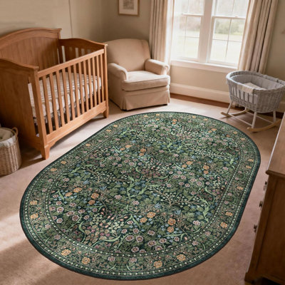 5x8 foot floral oval carpet, soft and washable, Bohemian living room area, dark retro modern farmhouse, bedroom dining room - moss green
